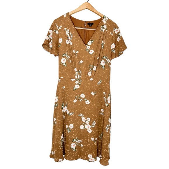 Ann‎ Taylor Floral Polka Dot Brown Tie Wrap Short Sleeve Mini Dress 10 - Picture 1 of 10